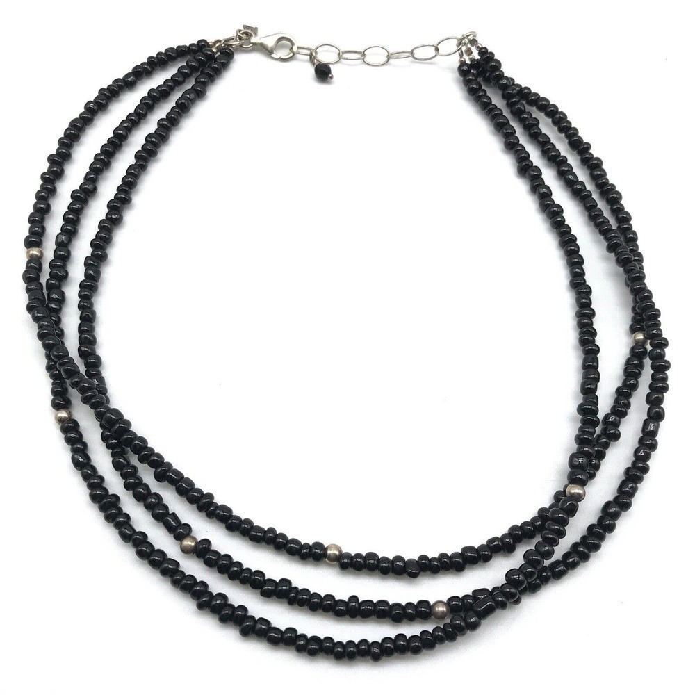 Silpada Designer 925 Sterling Silver Black Onyx Beaded Triple Strand Necklace